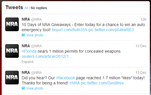 NRA on Twitter, 14th Dec. 2012